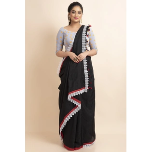 Black Red White Lace Border Cotton Handloom Saree with Blouse Piece