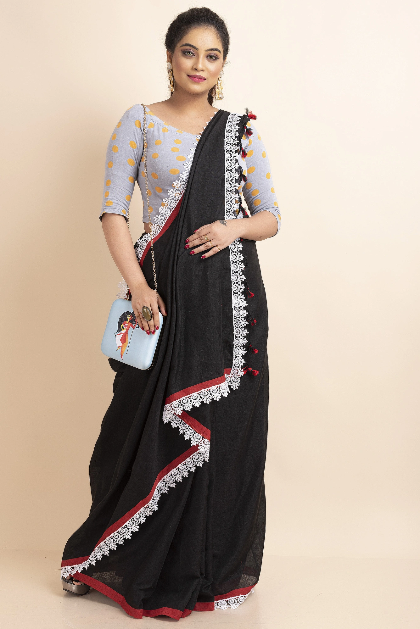 Black Red White Lace Border Cotton Handloom Saree with Blouse Piece-Black-Sari-Cotton-One Size-Female-Adult-2