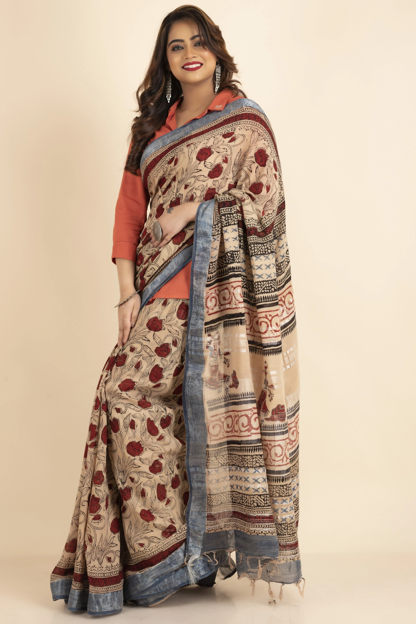 Beige Silver Zari Floral Cotton Linen Ajrakh Print Saree with Blouse Piece-Beige-Sari-Linen-One Size-Female-Adult-1