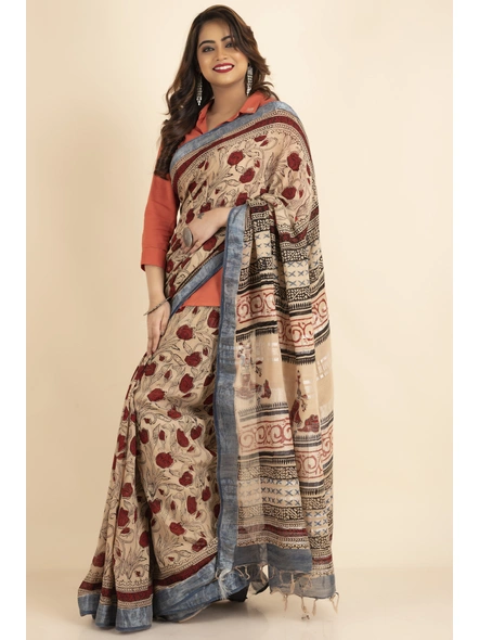 Beige Silver Zari Floral Cotton Linen Ajrakh Print Saree with Blouse Piece-Beige-Sari-Linen-One Size-Female-Adult-1