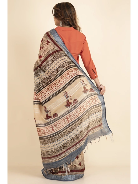 Beige Silver Zari Floral Cotton Linen Ajrakh Print Saree with Blouse Piece-Beige-Sari-Linen-One Size-Female-Adult-2