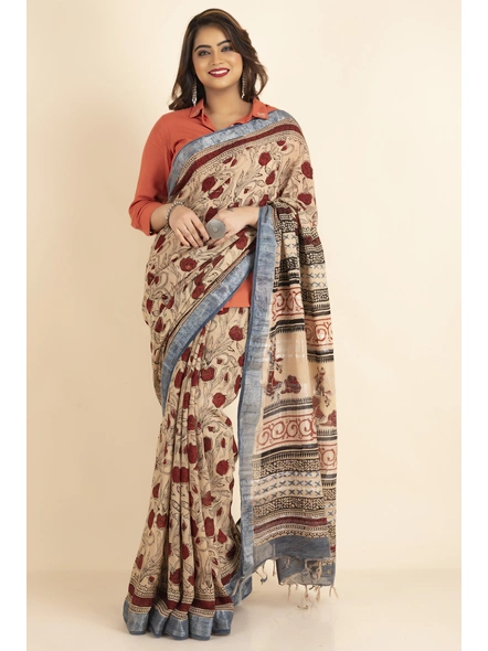 Beige Silver Zari Floral Cotton Linen Ajrakh Print Saree with Blouse Piece-Beige-Sari-Linen-One Size-Female-Adult-4