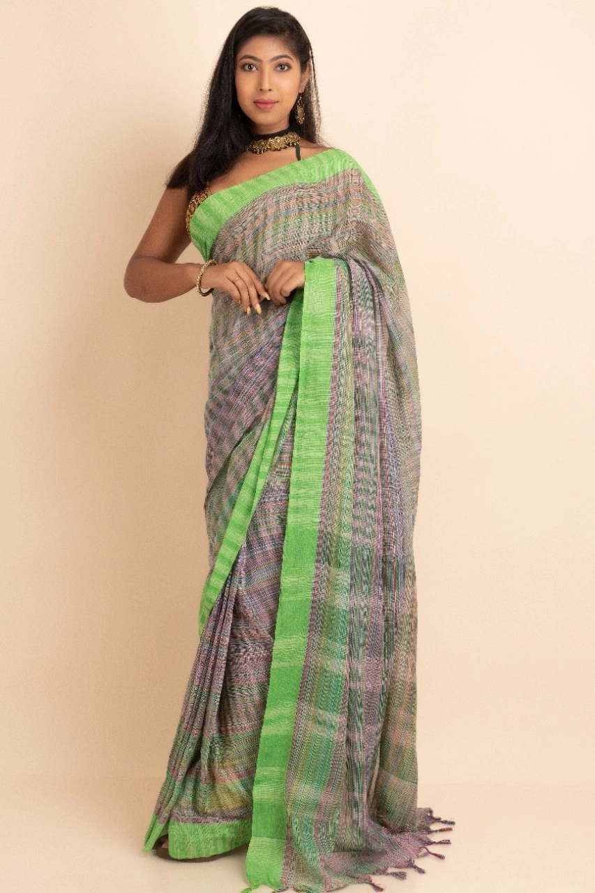 Green Cotton saree  without Blouse Piece-LAACS02