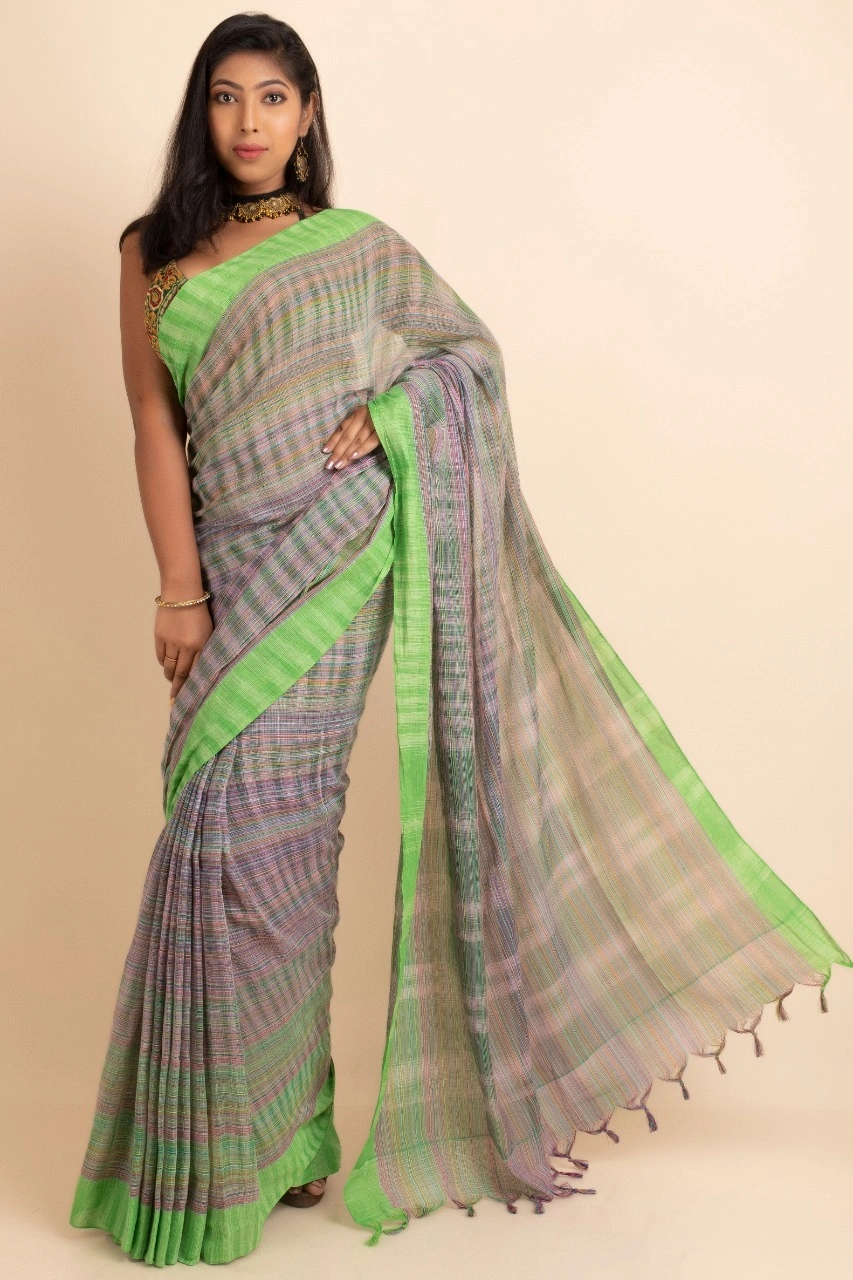 Green Cotton saree  without Blouse Piece-Green-Cotton-One Size-1