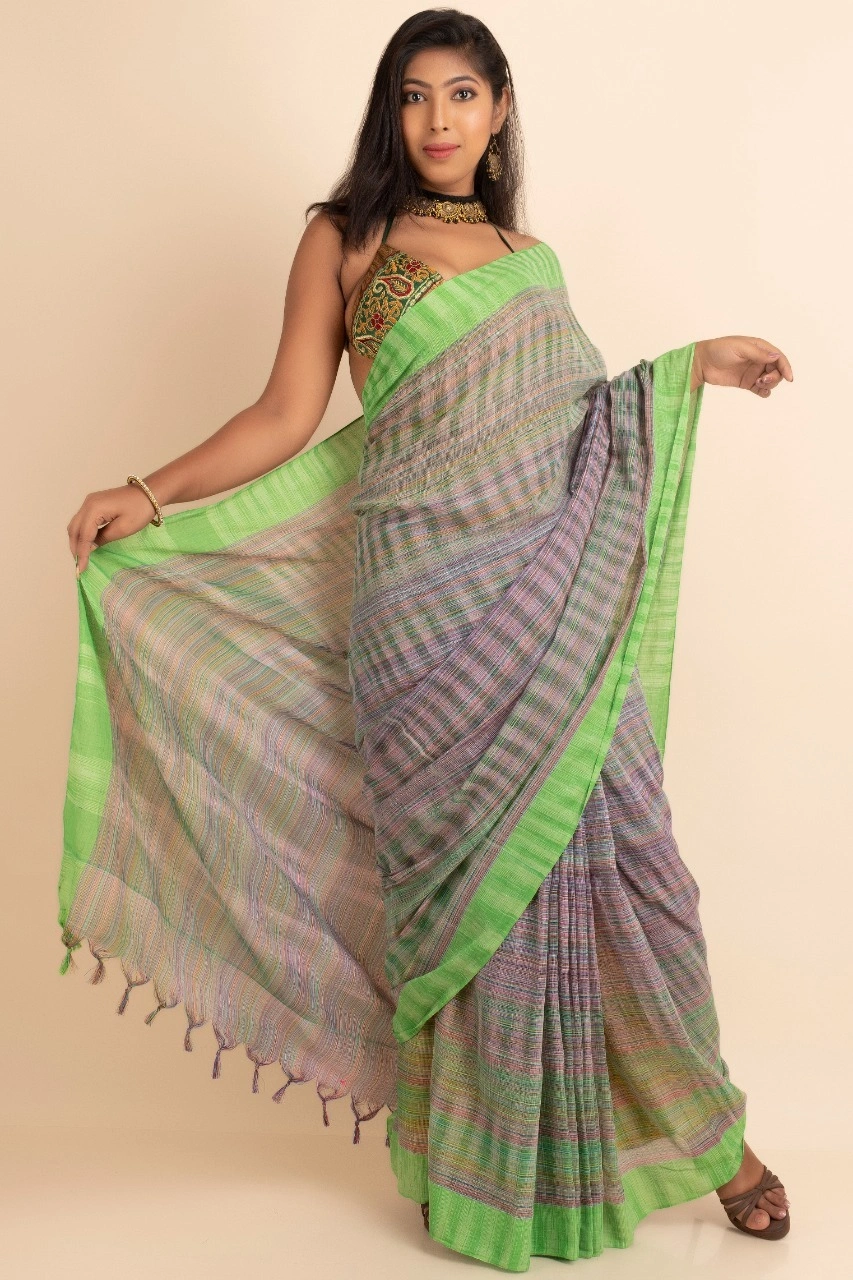 Green Cotton saree  without Blouse Piece-Green-Cotton-One Size-3