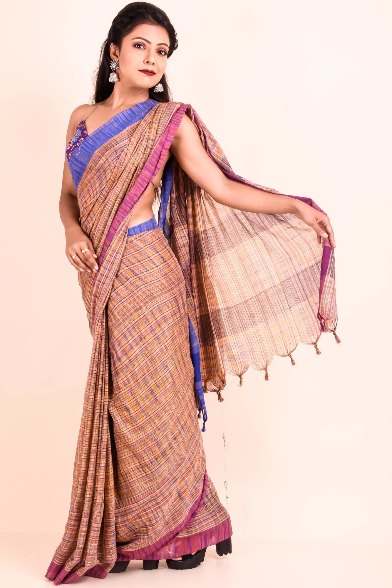 Pink Blue Cotton Saree without Blouse Piece-Pink-Cotton-One size-Saree-Female-Adult-1