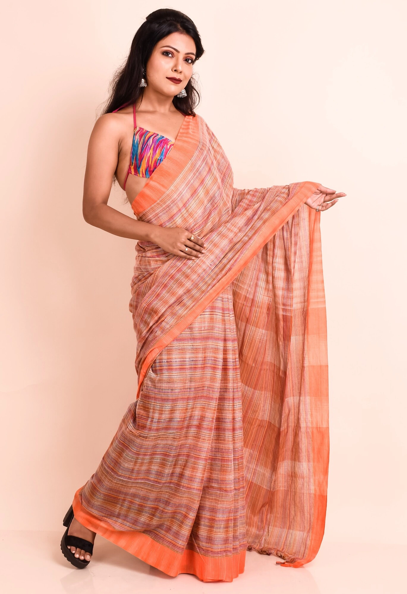 Orange Cotton saree without Blouse Piece-1