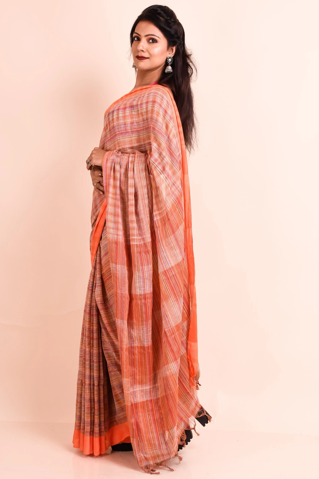 Orange Cotton saree without Blouse Piece-2