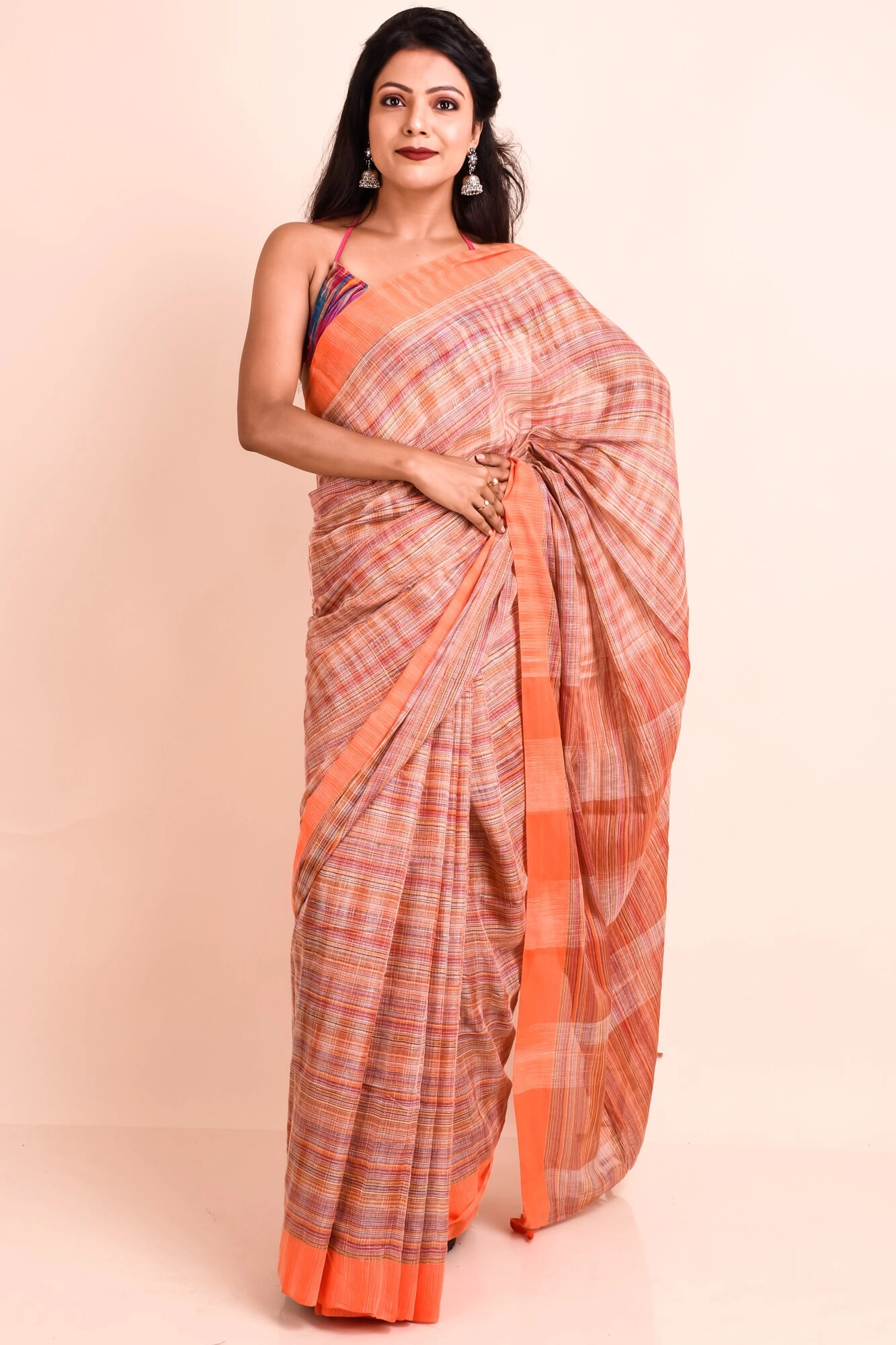 Orange Cotton saree without Blouse Piece-3