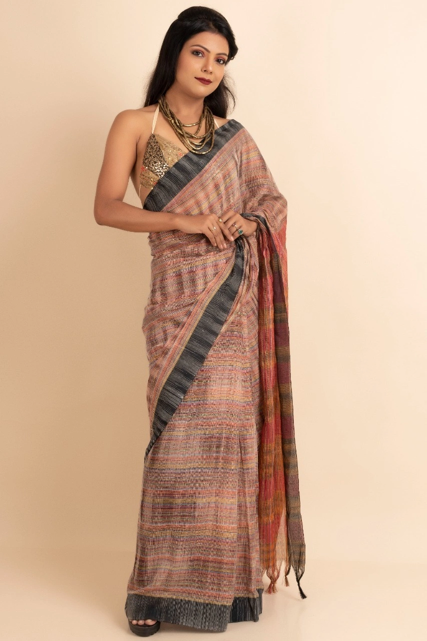 Brown Cotton saree without Blouse Piece-Brown-Cotton-One Size-1