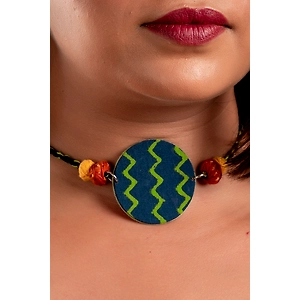 Green Blue Zigzag Fabric Circular choker neckpiece with thread balls and adjustable dori