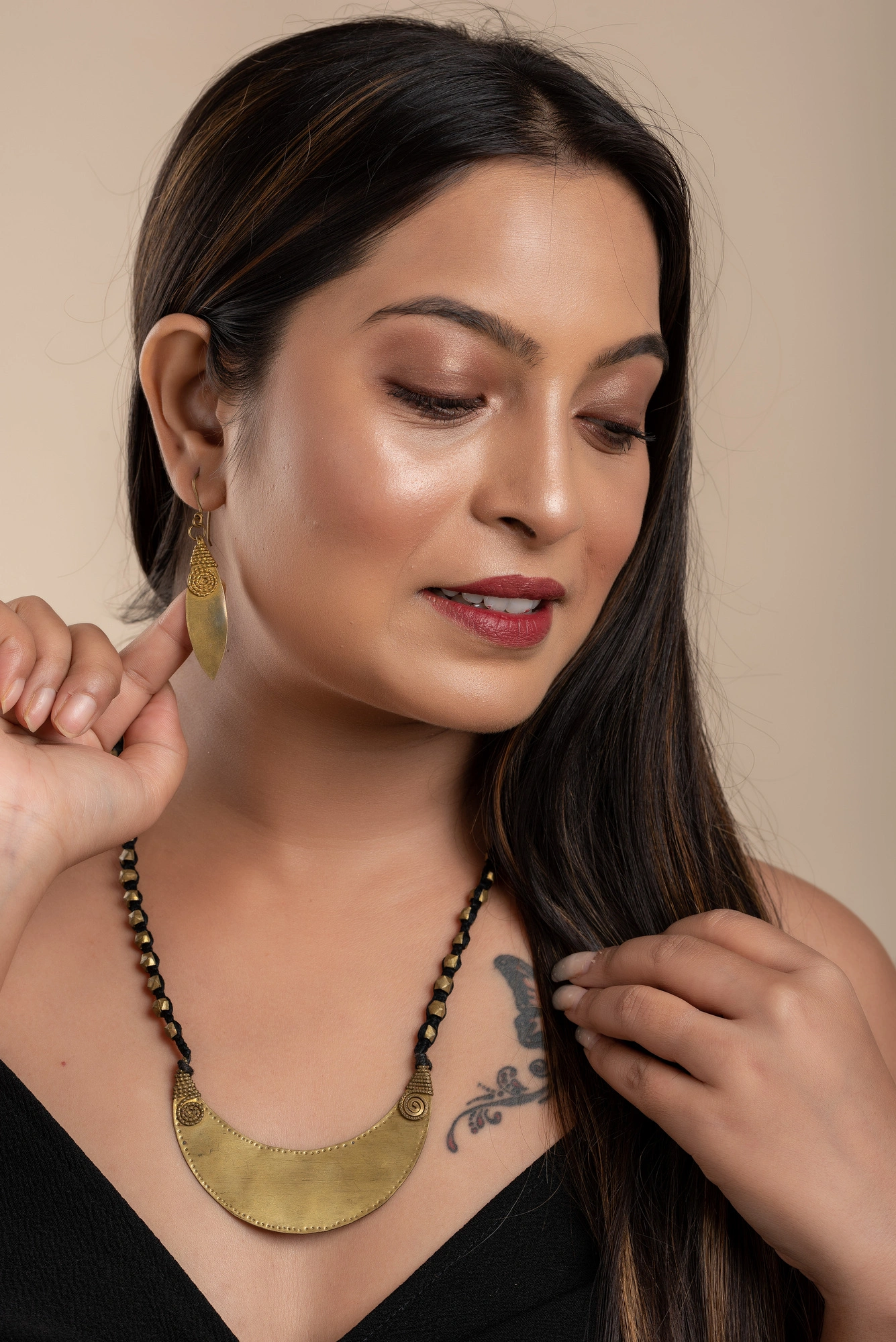Designer Brass Dokra Crescent Moon Pendant Neckpiece with Leaf Earring set-Gold-Women-Brass-4