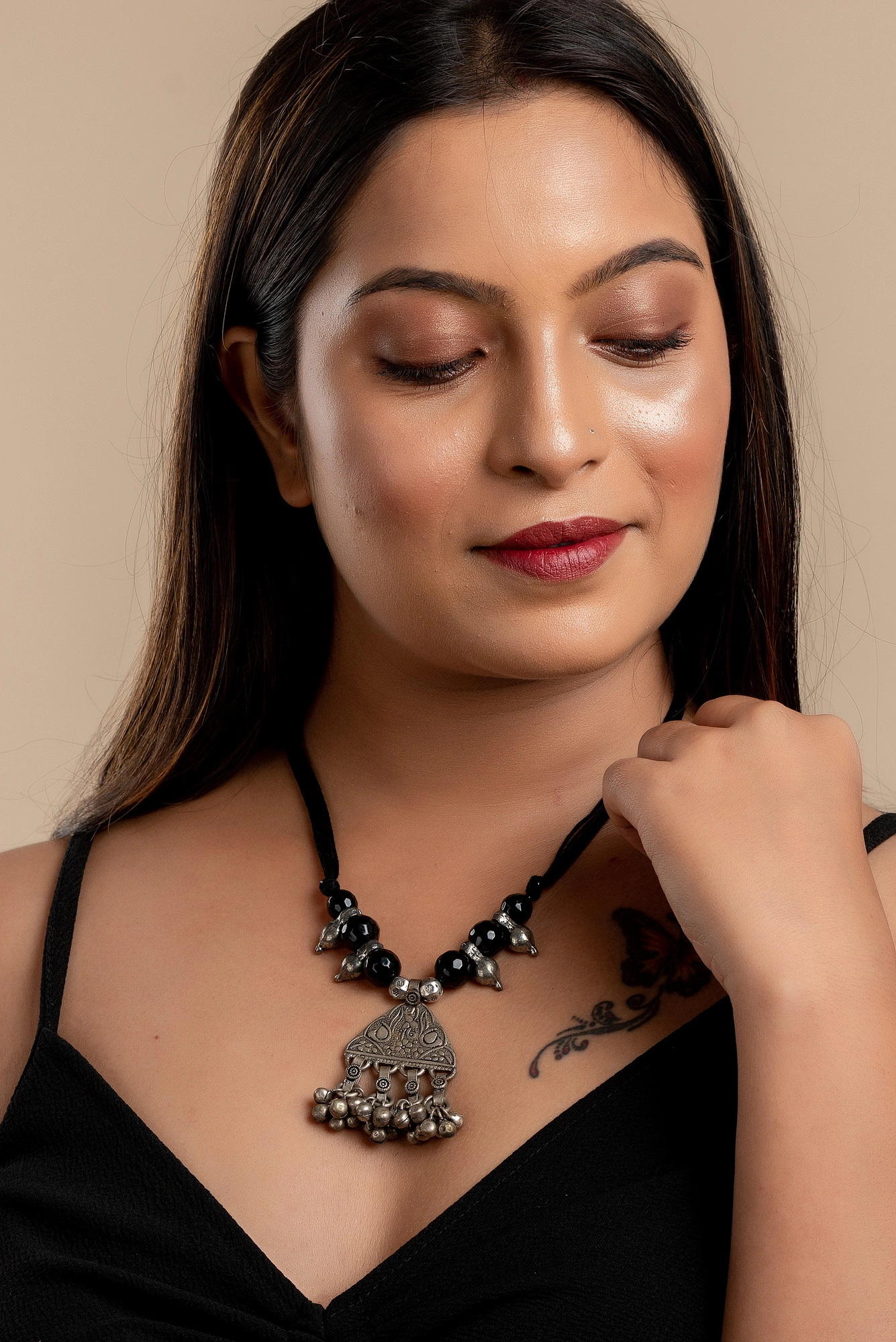 Designer German Silver Tribal Pendant neckpiece with Black Semi Precious Onyx bead German Silver beads and Black adjustable dori-Black-Women-Onyx-1