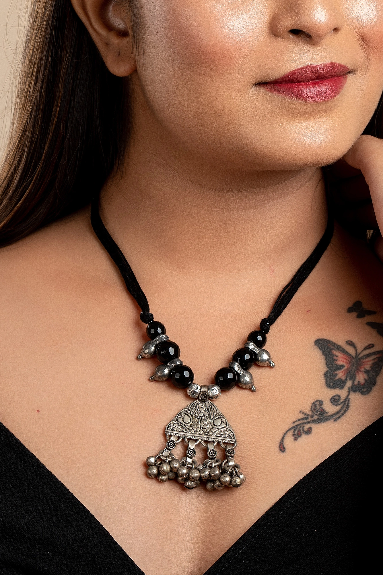 Designer German Silver Tribal Pendant neckpiece with Black Semi Precious Onyx bead German Silver beads and Black adjustable dori-Black-Women-Onyx-2