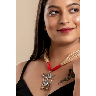 Designer Devi pendant with brass ghungroo and adjustable red beige jute dori