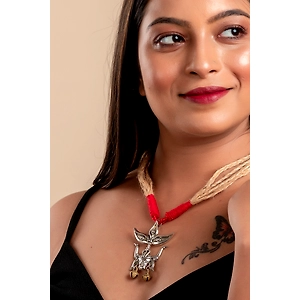 Designer Devi pendant with brass ghungroo and adjustable red beige jute dori