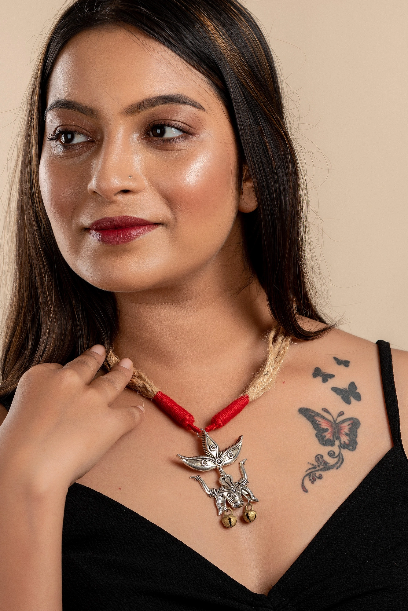 Designer Devi pendant with brass ghungroo and adjustable red beige jute dori-Silver-Women-German Silver-1