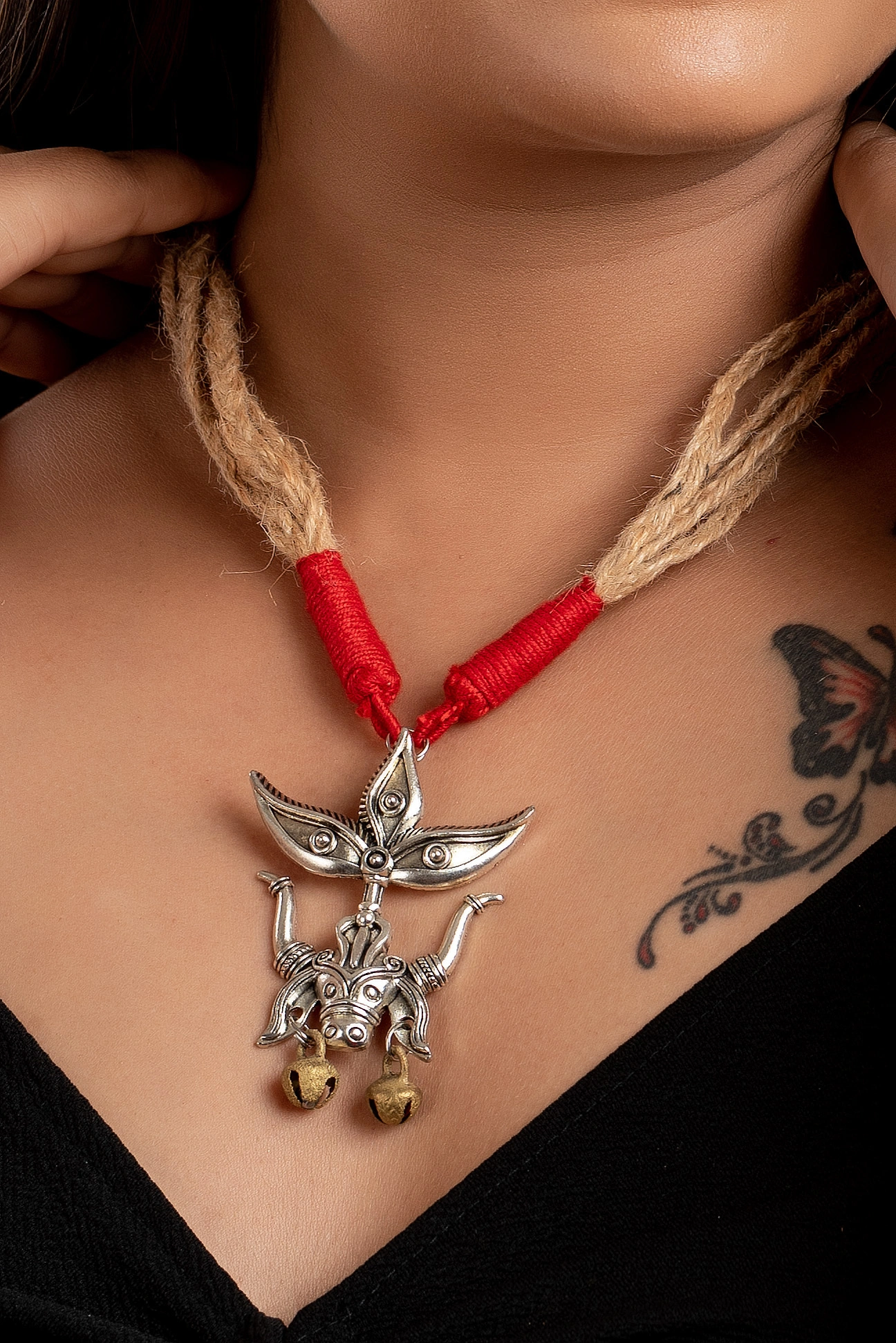 Designer Devi pendant with brass ghungroo and adjustable red beige jute dori-Silver-Women-German Silver-2
