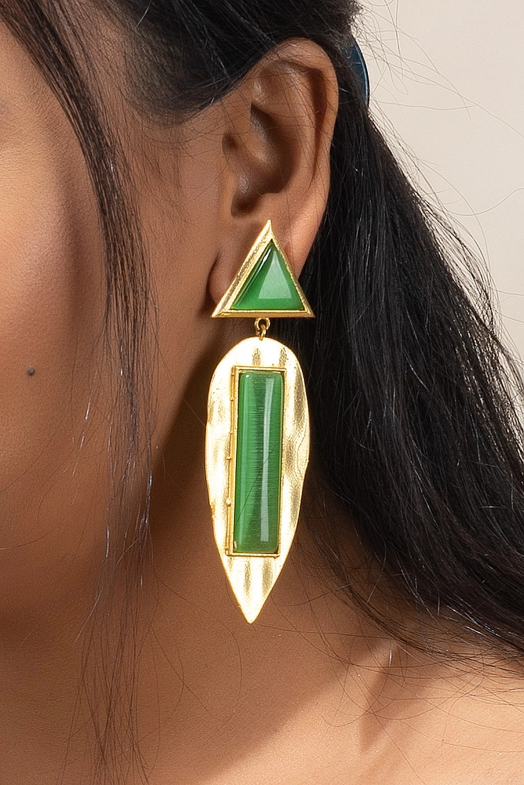 Designer Triangular Leaf Green Golden Stud Dangler-LAAER419