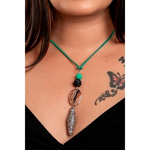 Designer Chitai bead, semi precious stones sleek Neckpiece Strung with Green Adjustable Suede cord
