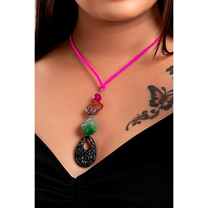 Designer Carved bead, semi precious agate onyx stones sleek Neckpiece Strung with Pink Adjustable Suede cord
