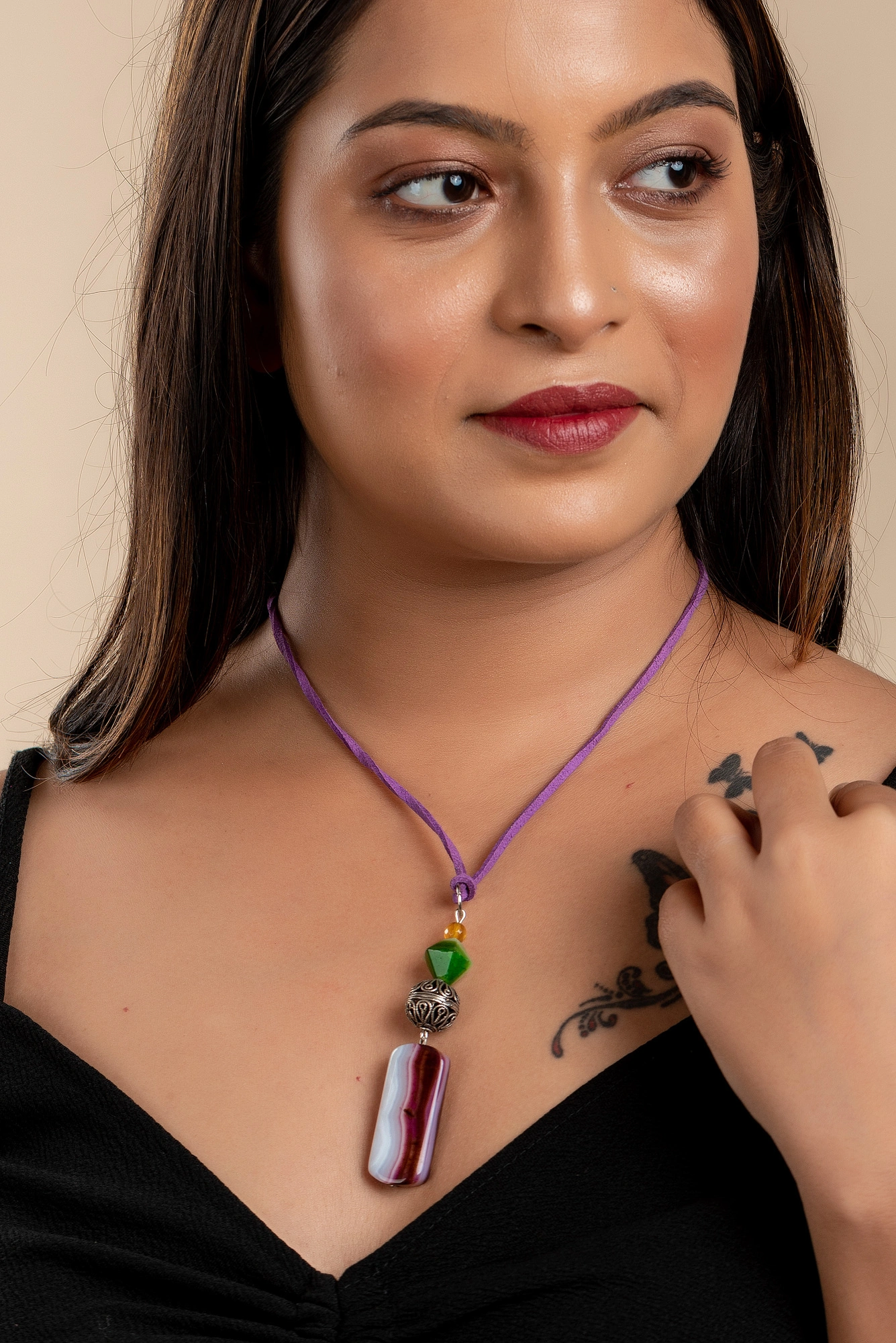 Designer German Silver filigree, semi precious stones agate onyx sleek Neckpiece Strung with Purple Adjustable Suede cord-LAANP29