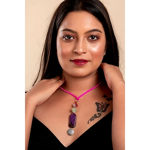 Designer Semi precious stones agate onyx sleek Neckpiece Strung with Pink Adjustable Suede cord