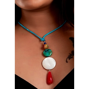 Designer Semi precious stones mother of pearl agate onyx turquoise sleek Neckpiece Strung with Blue Adjustable Suede cord