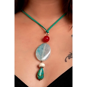 Designer Semi precious Agate Turquoise Onyx Pendant Strung with Adjustable Suede cord