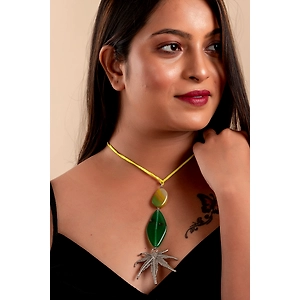 Designer Semi precious green yellow agate onyx stone German silver maple leaf pendant Strung with Yellow Adjustable Suede cord