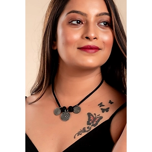 German Silver coin neckpiece with thread bead and Adjustable black cotton dori