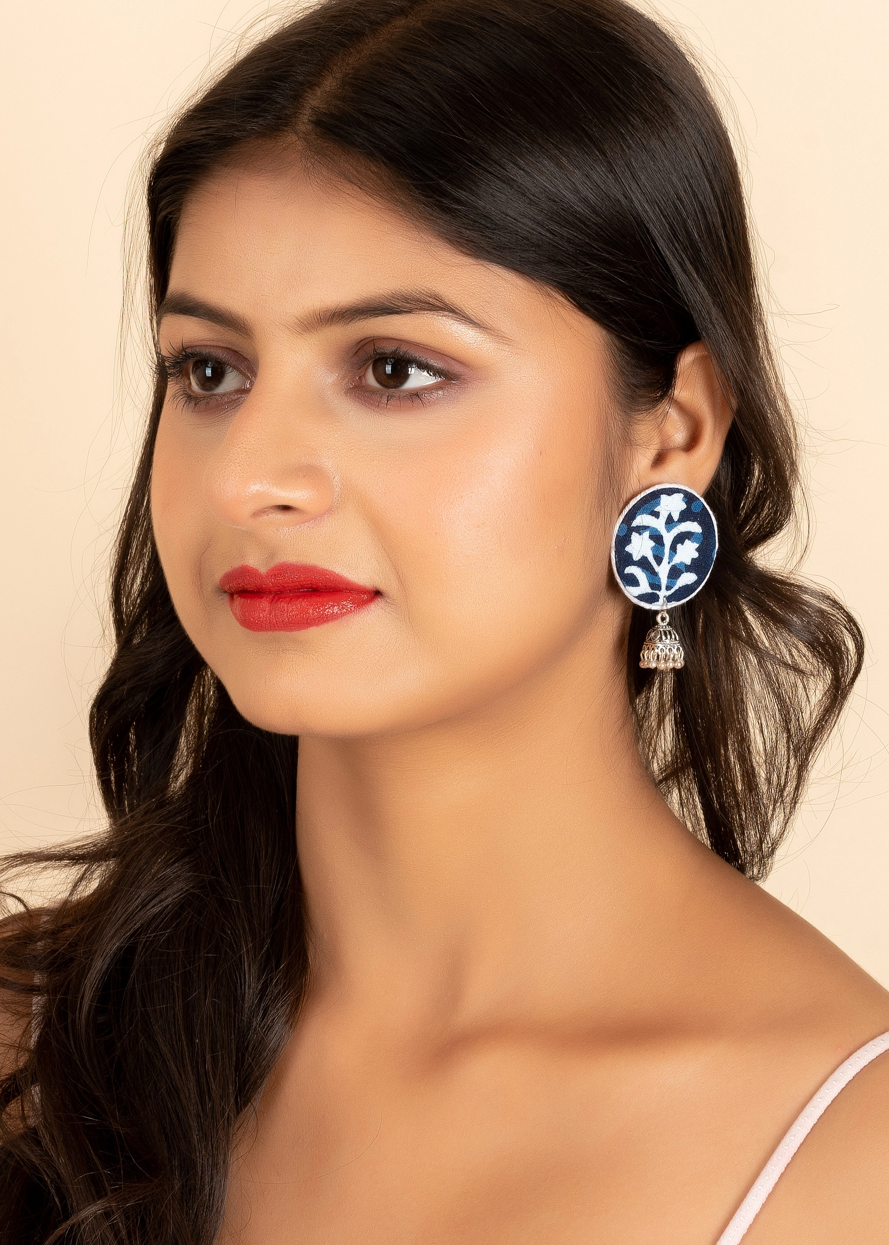 Indigo Fabric Stud Jhumka Earring-LAAFE7