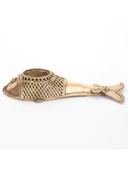 Handcrafted Decorative Dokra Fish Candle Stand-Brass-Figurine-Decorative-Table top-Gold-1