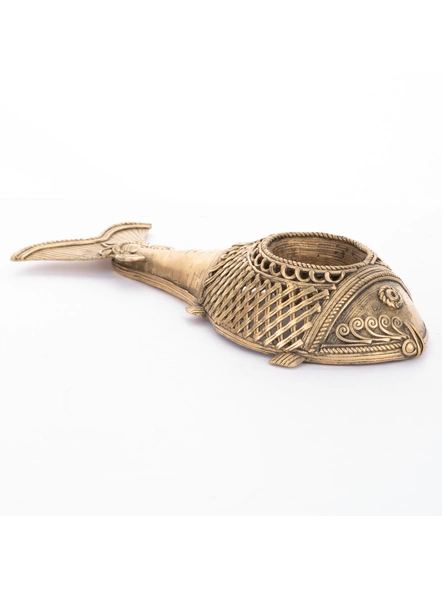 Handcrafted Decorative Dokra Fish Candle Stand-Brass-Figurine-Decorative-Table top-Gold-3