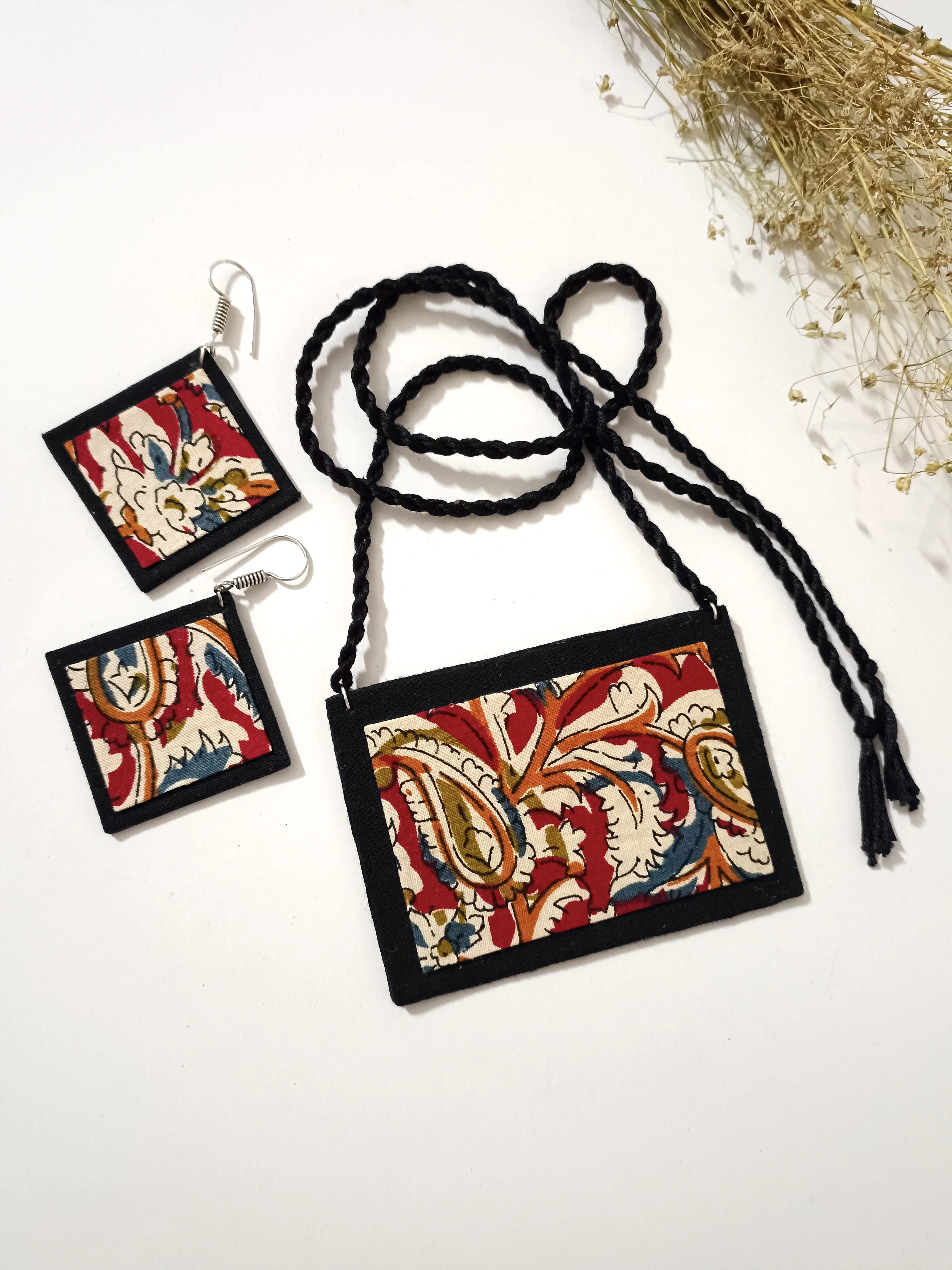 Designer Cotton Kalamkari Rectangular Neckpiece Set-LAANP3