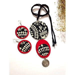 Designer Red Black Cotton Warli Print Coin Neckpiece Set