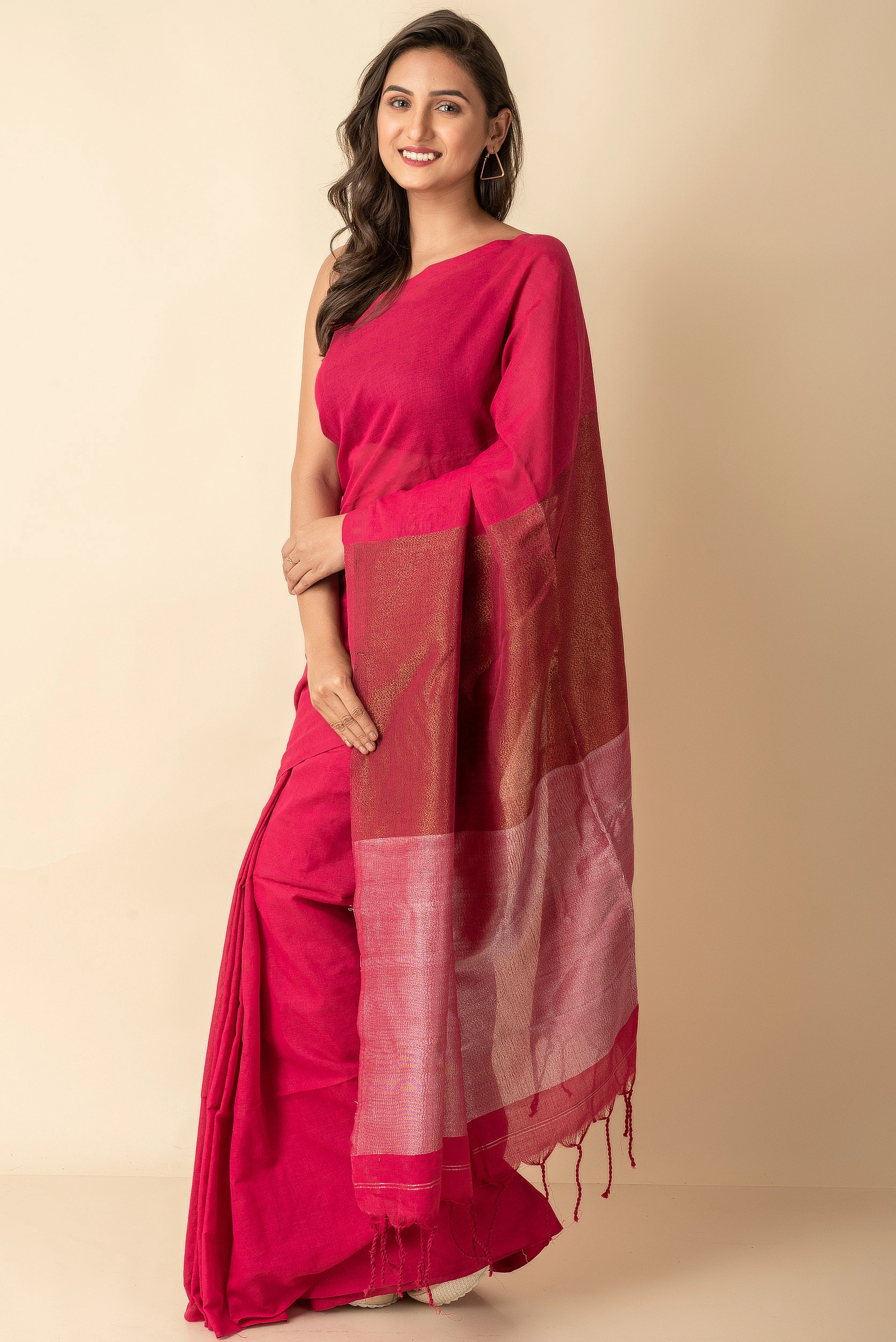 Pink Golden Silver Zari Handloom Cotton Saree with Blouse Piece-LAACHS049