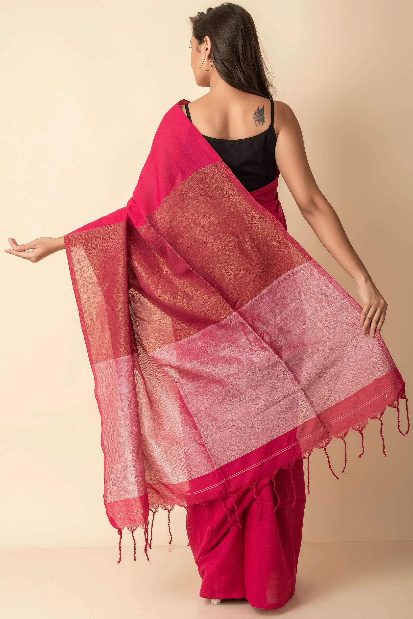 Pink Golden Silver Zari Handloom Cotton Saree with Blouse Piece-magenta-Cotton-One-Saree-Female-Adult-1