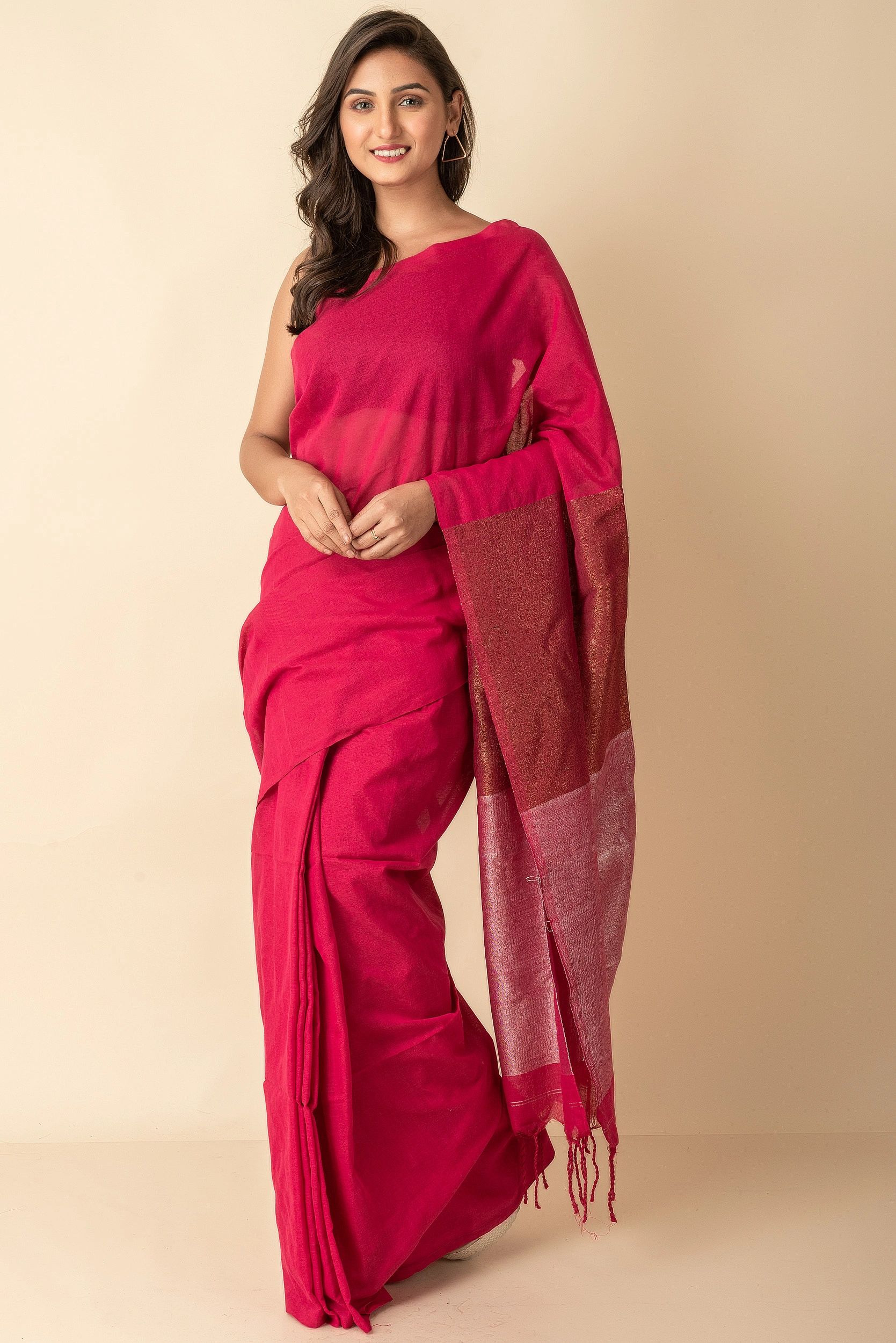 Pink Golden Silver Zari Handloom Cotton Saree with Blouse Piece-magenta-Cotton-One-Saree-Female-Adult-2