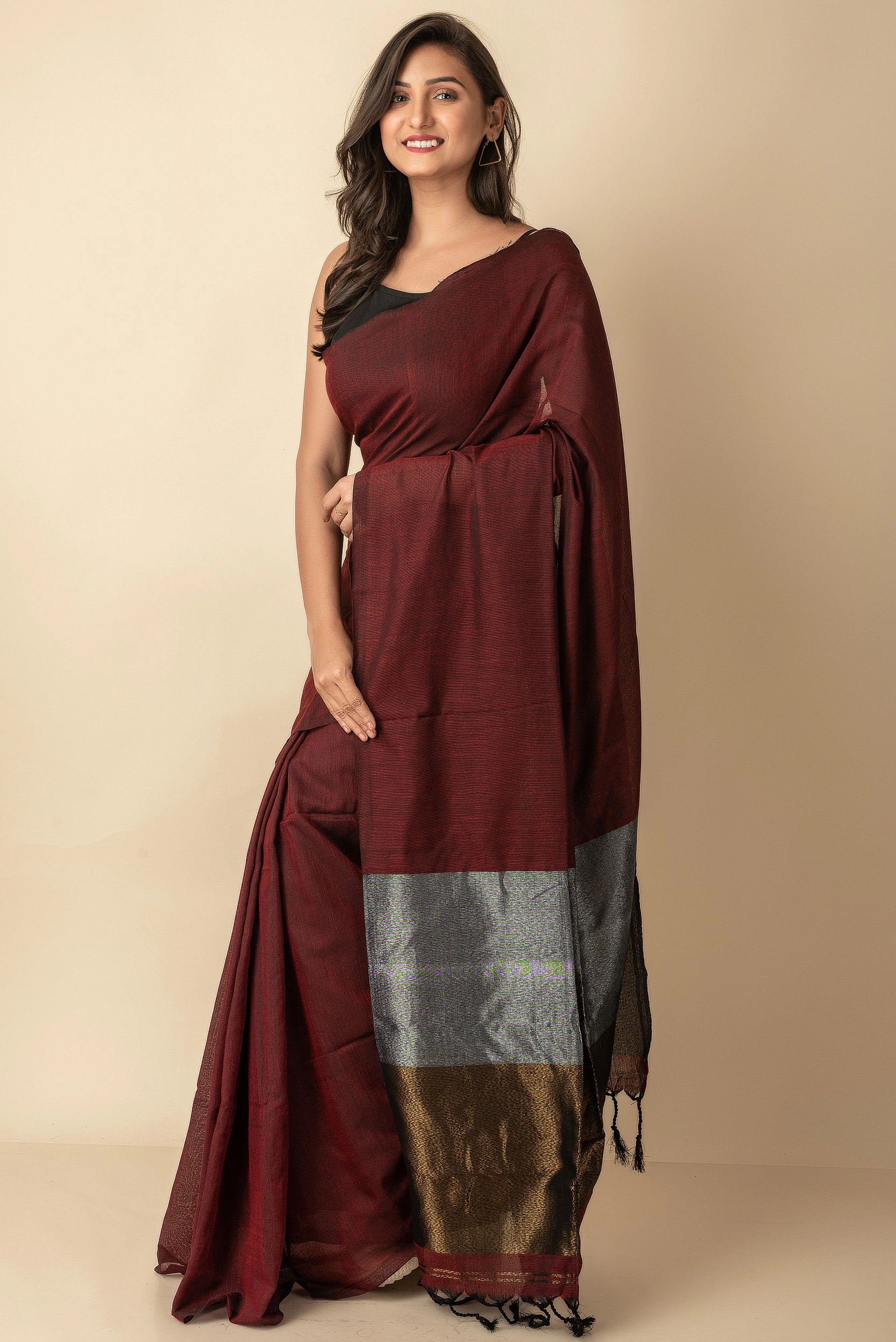 Maroon Golden Silver Zari Handloom Cotton Saree with Blouse Piece-LAACHS050