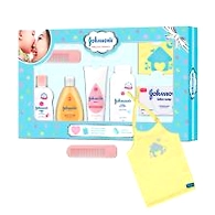 Johnson's Baby Care Collection with Organic Cotton Baby T-shirt (7 Gift Items, Blue)