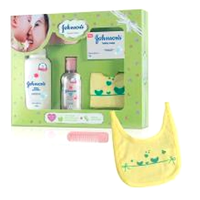 Johnson's Baby Care Collection with Organic Cotton Bib and Baby Comb (5 Gift Items, Green)-JJ017