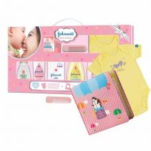 Johnson's Baby Care Collection with Organic Cotton Baby Romper and Baby Milestone Book (10 Gift Items, Pink)-JJ029