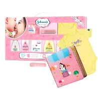 Johnson's Baby Care Collection with Organic Cotton Baby Romper and Baby Milestone Book (10 Gift Items, Pink)