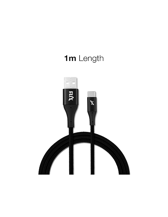 FLiX (Beetel) USB to Type C Nylon Braided Data Sync &amp; 2A Fast Charging Cable, Made in India, 480Mbps Data Sync, Super strong &amp; Durable Nylon Cable, 1 Meter Long USB Cable (Black)-MOB-01