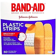 Band Aid, Adhesive Bandages, Plastic Strips, 60 Bandages