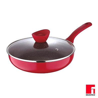Bergner Bellini+ Pressed Aluminium Non-Stick Deep Frypan with Glass Lid, 22 cm, 1.8 Liters, Induction Base, Red-6924299383986