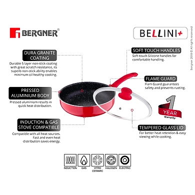 Bergner Bellini+ Pressed Aluminium Non-Stick Deep Frypan with Glass Lid, 22 cm, 1.8 Liters, Induction Base, Red-1