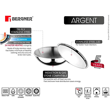 Bergner Argent Triply Stainless Steel Tasra with Stainless Steel Lid, 24 cm, 2.5 Liters, Induction Base, Silver-1