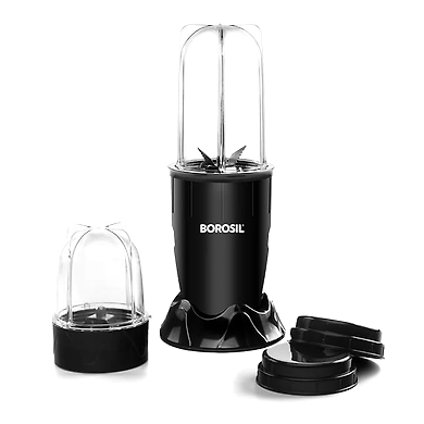 Borosil NutriFresh Portable Mini-Blender and Grinder, 500 ml Blending Jar, 300 ml Chutney Jar, for Mixing Smoothies and Chutneys, Dry Grinding Spices, Black, 400 W-8901309234160